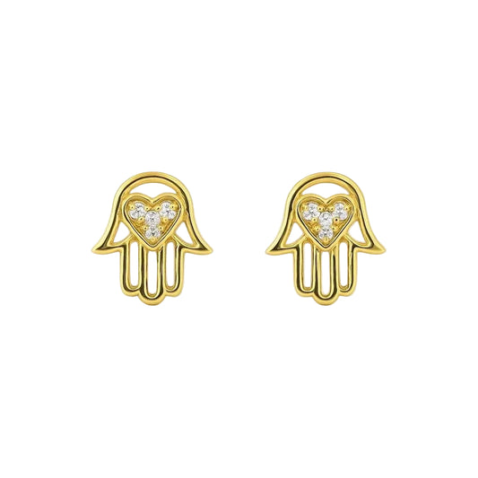 14K Yellow Gold Hamsa with Heart Stud Earrings