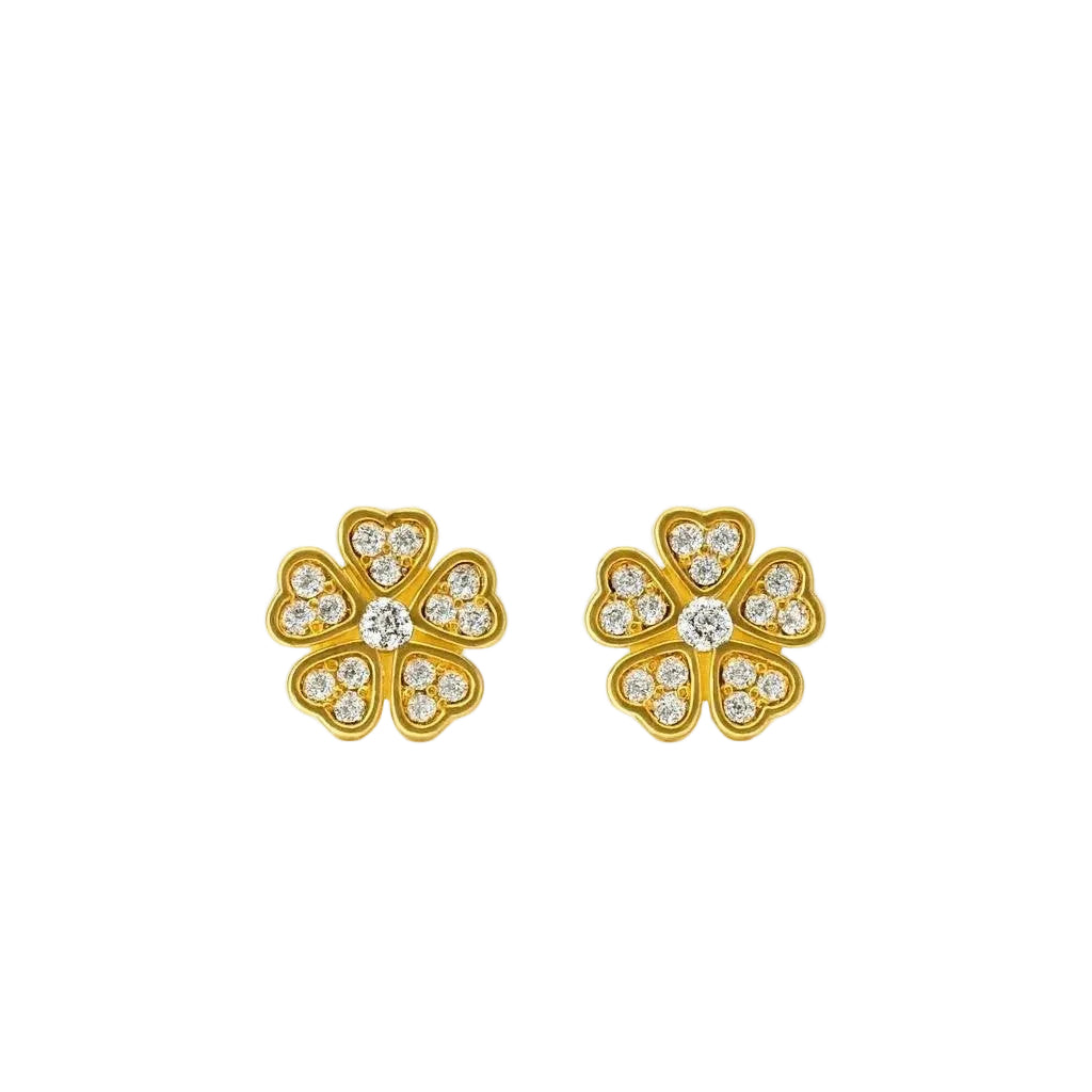 14K Yellow Gold CZ Heart Flower Stud Earrings