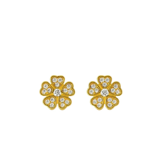 14K Yellow Gold CZ Heart Flower Stud Earrings