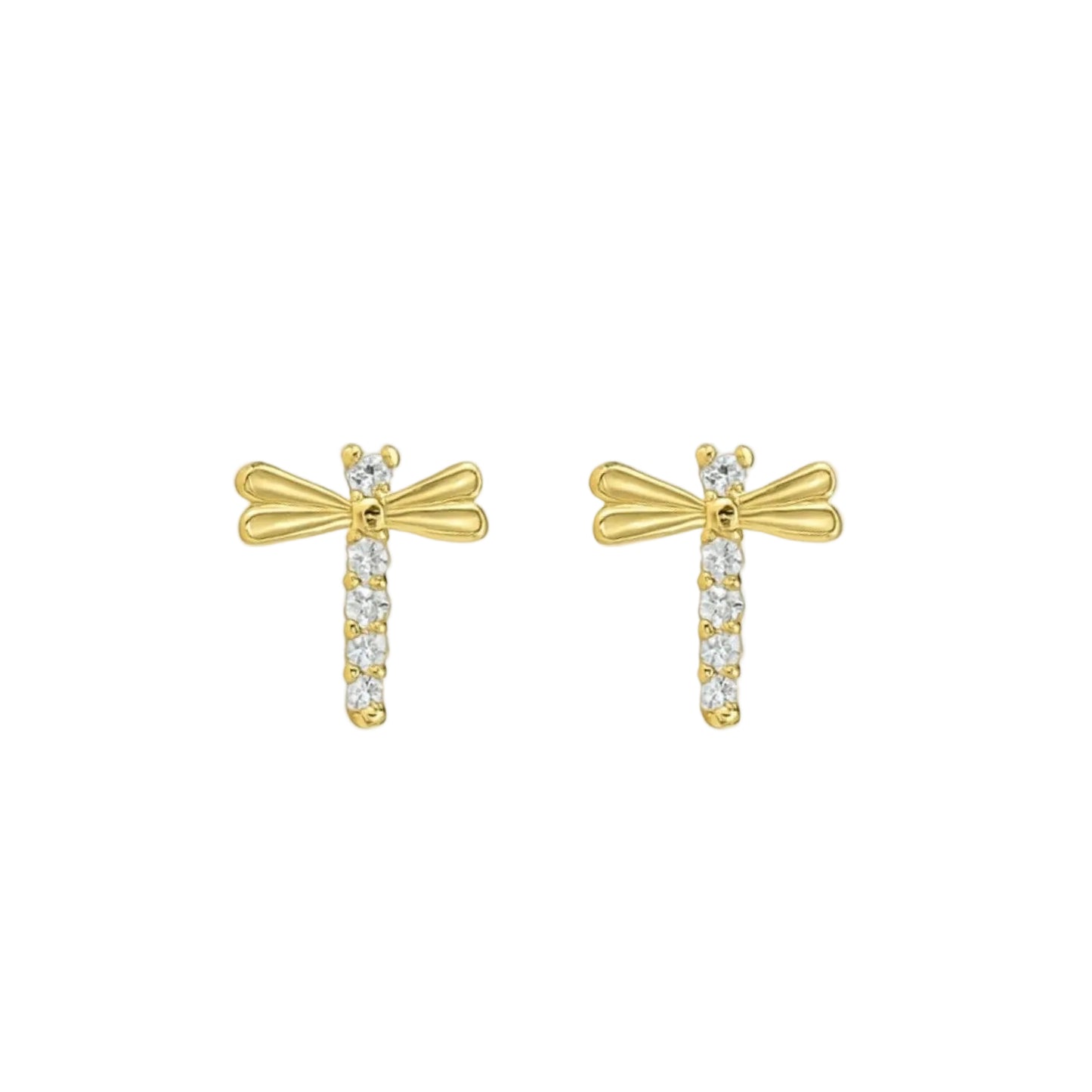 14K Yellow Gold Dragonfly Stud Earrings with CZ Accents