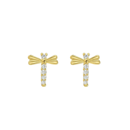 14K Yellow Gold Dragonfly Stud Earrings with CZ Accents