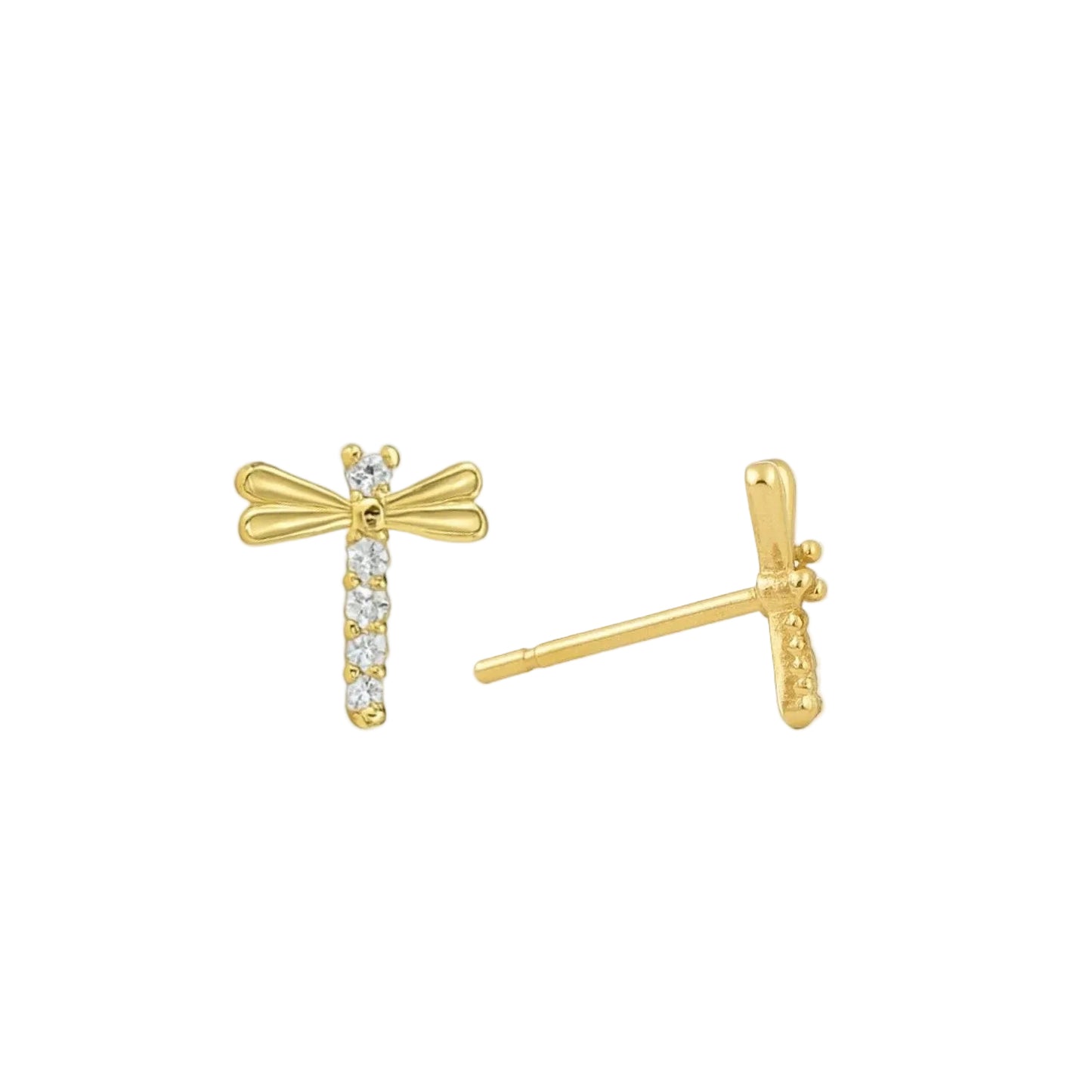 14K Yellow Gold Dragonfly Stud Earrings with CZ Accents