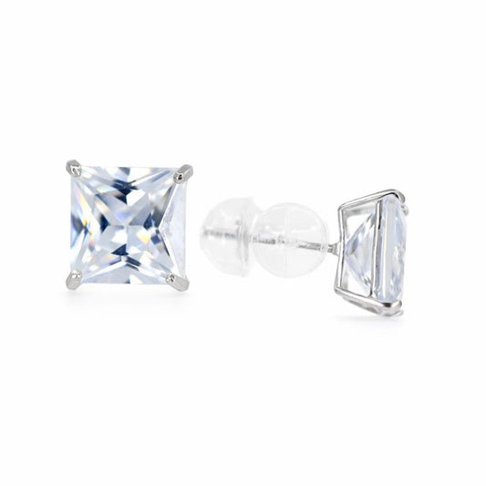 14K White Gold Princess Cut CZ Stud Tension Back Earrings