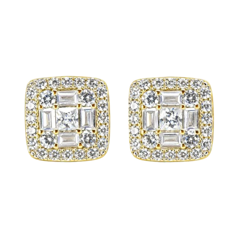 Sterling Silver Gold Plated CZ Baguette Square Stud Earrings