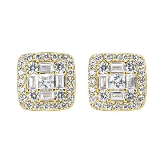 Sterling Silver Gold Plated CZ Baguette Square Stud Earrings