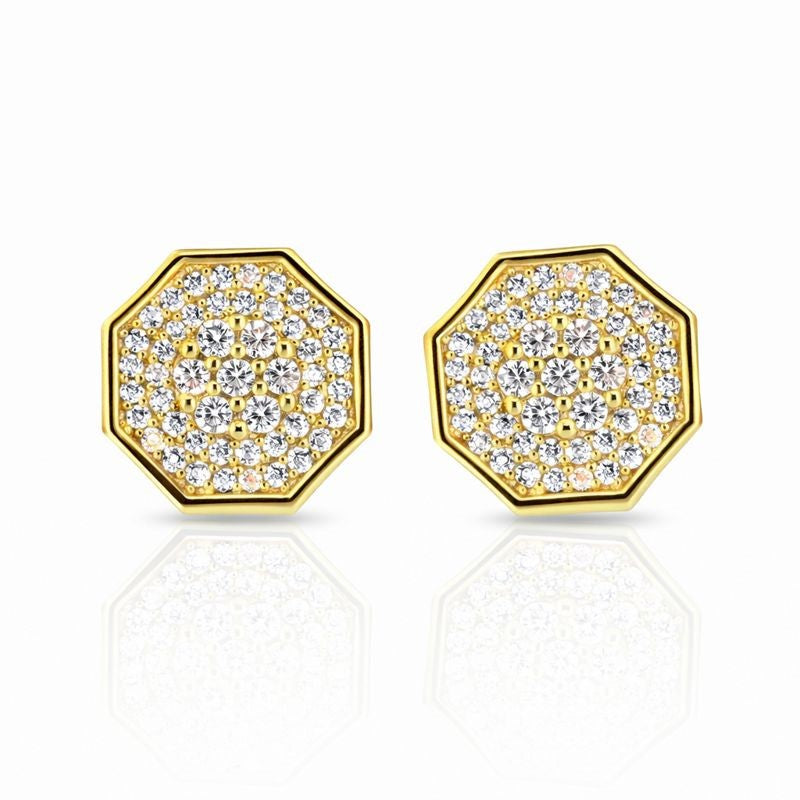 Gold Plated Pave Set CZ Octagon Stud Earrings