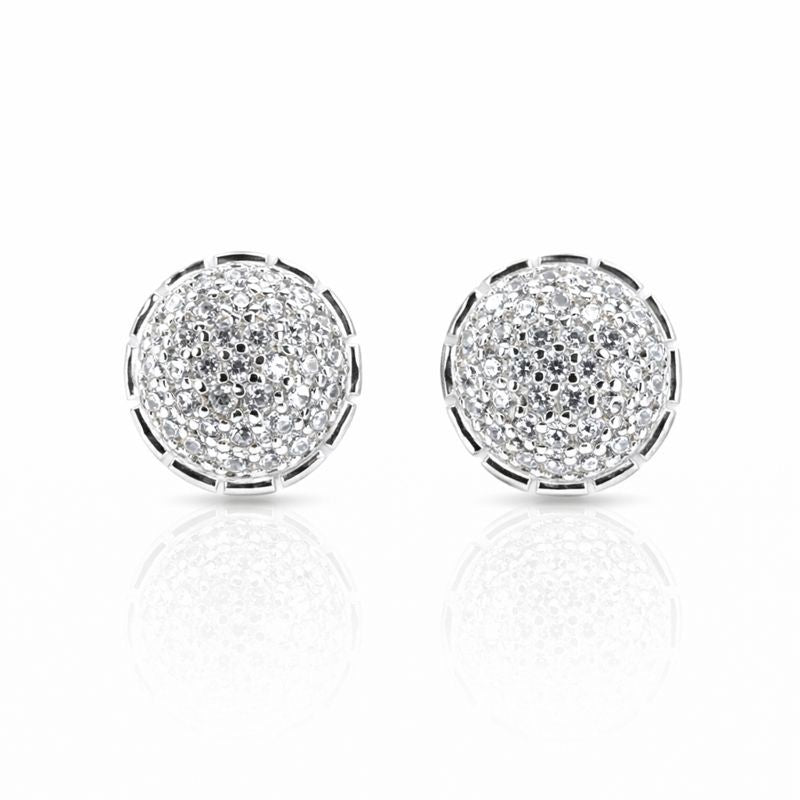 Sterling Silver Pavé CZ Rounded Drum Stud Earrings