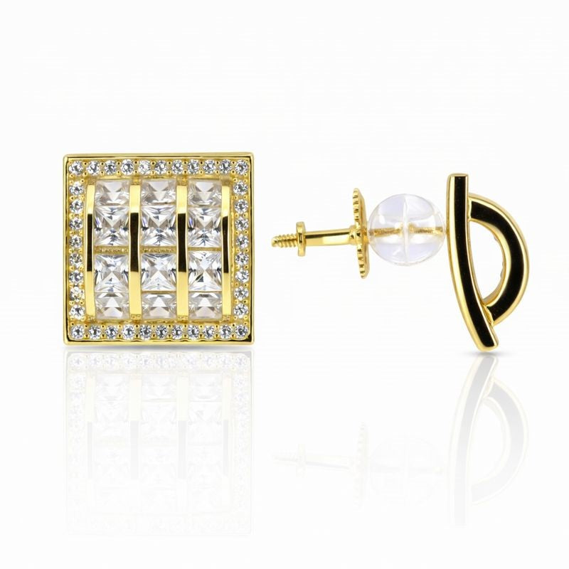 Gold Plated CZ Curved Square Stud Earrings