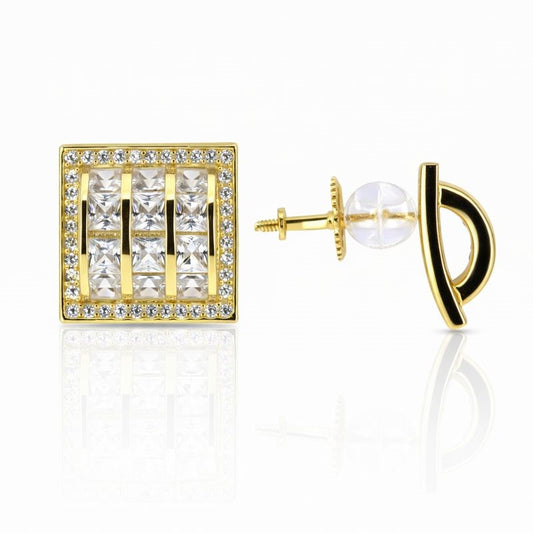 Gold Plated CZ Curved Square Stud Earrings
