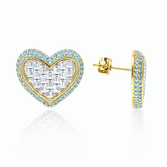10k Yellow Gold Turquoise & White CZ Heart Stud Earrings