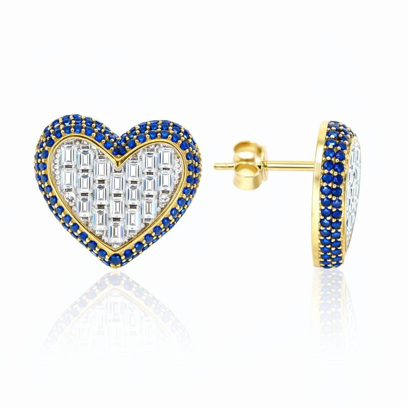 10k Yellow Gold Blue & White CZ Heart Stud Earrings
