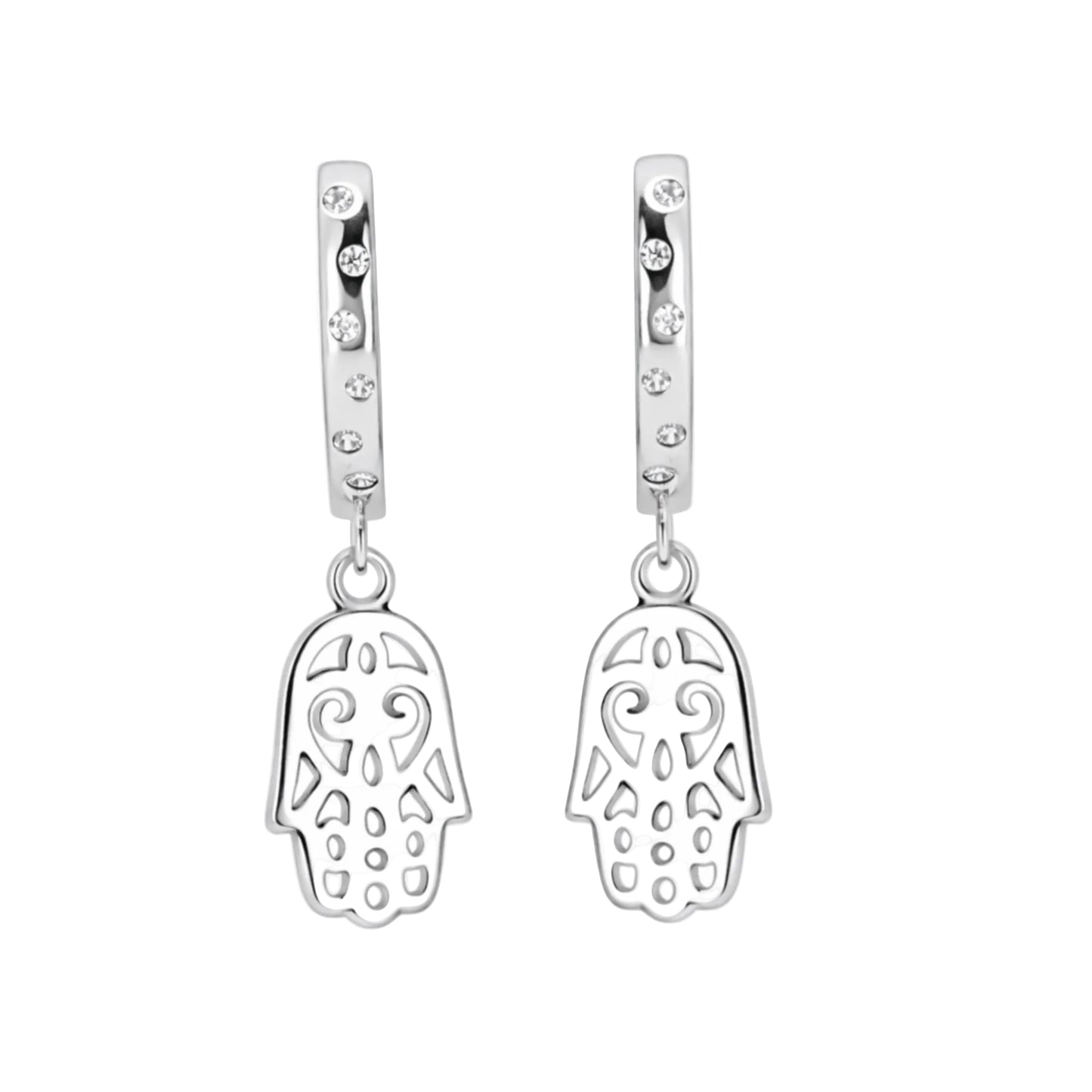 Rhodium Plated Hamsa Dangle Huggie Hoop Earrings