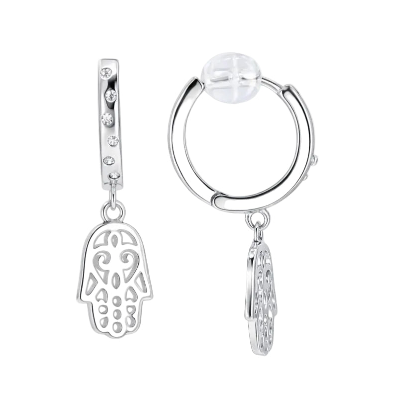 Rhodium Plated Hamsa Dangle Huggie Hoop Earrings