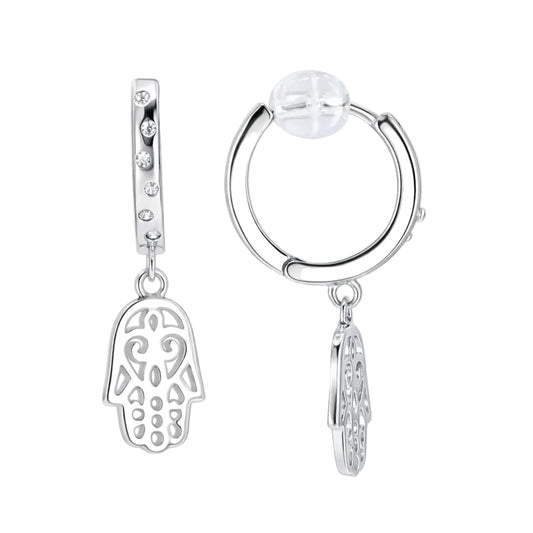 Rhodium Plated Hamsa Dangle Huggie Hoop Earrings