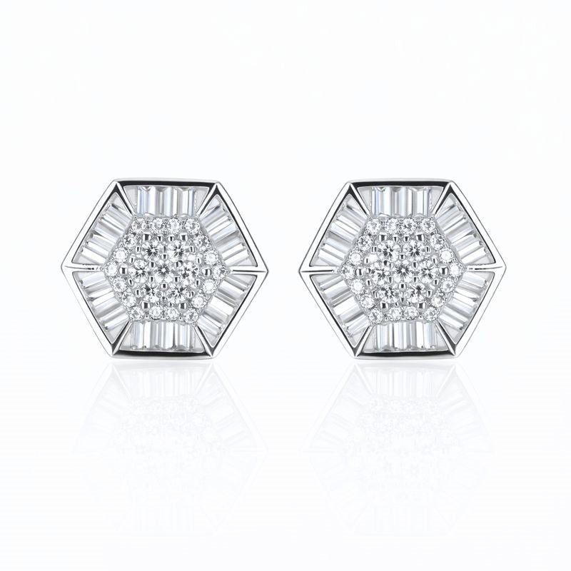Rhodium Plated CZ Baguette Octagon Stud Earrings