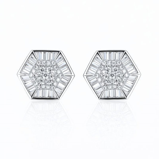 Rhodium Plated CZ Baguette Octagon Stud Earrings