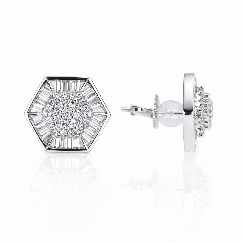 Rhodium Plated CZ Baguette Octagon Stud Earrings