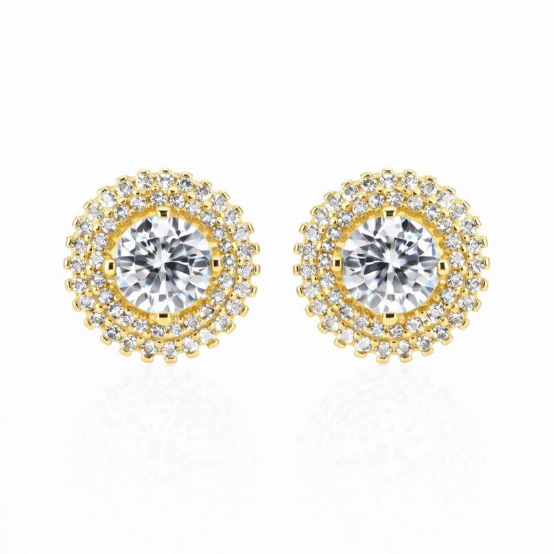 14K Yellow Gold CZ Double Halo Stud Earrings
