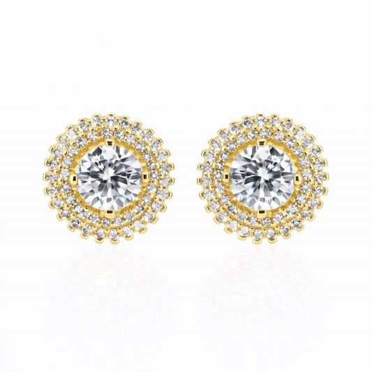 14K Yellow Gold CZ Double Halo Stud Earrings