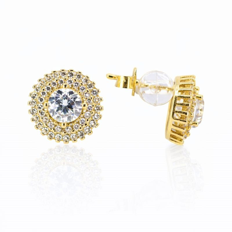 14K Yellow Gold CZ Double Halo Stud Earrings
