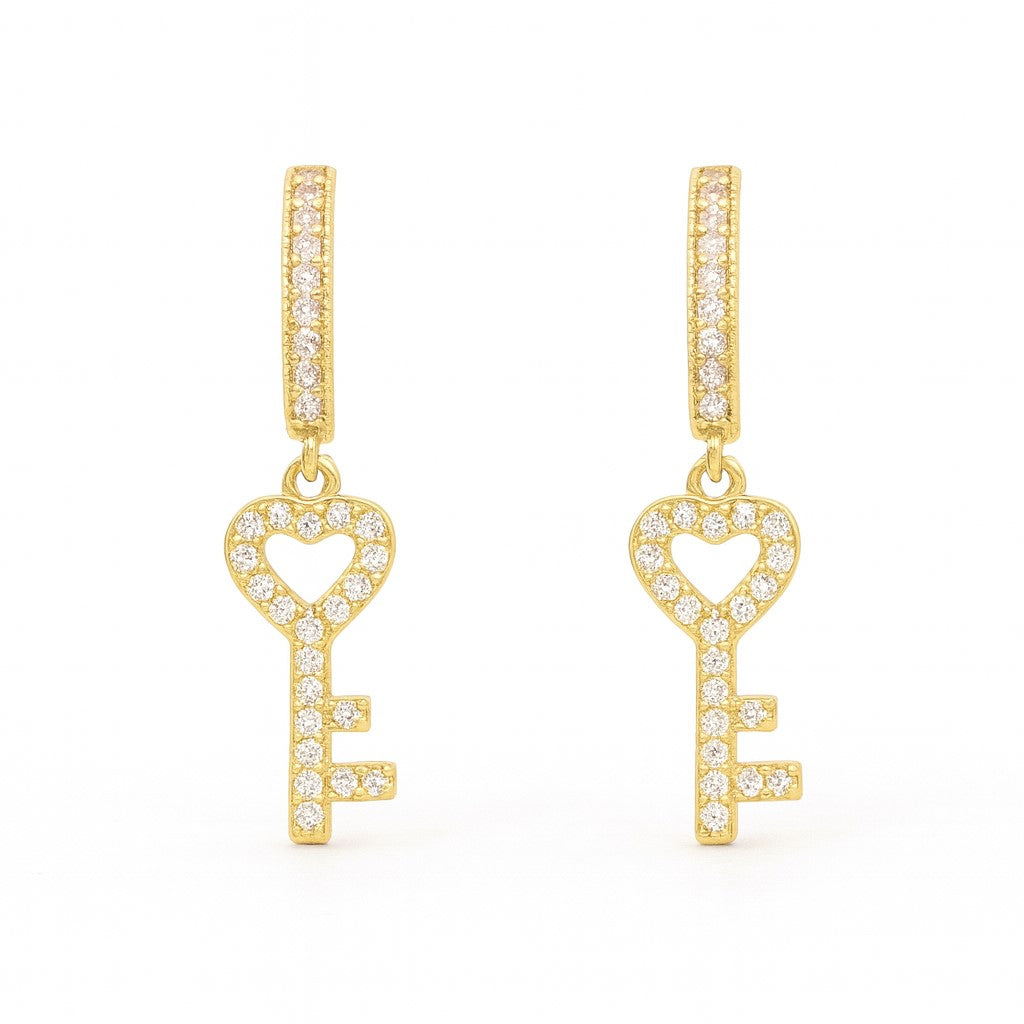 14K Yellow Gold CZ Dangle Key Hoop Earrings
