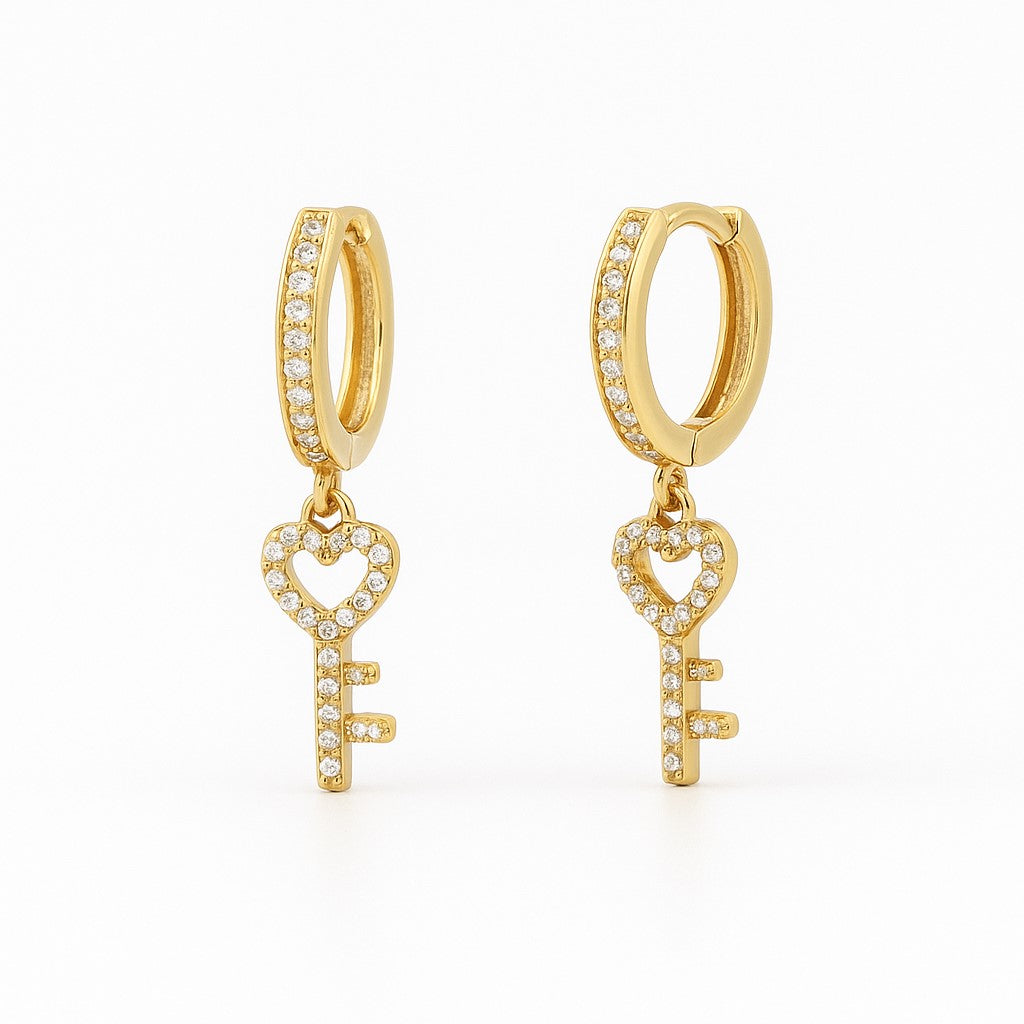 14K Yellow Gold CZ Dangle Key Hoop Earrings