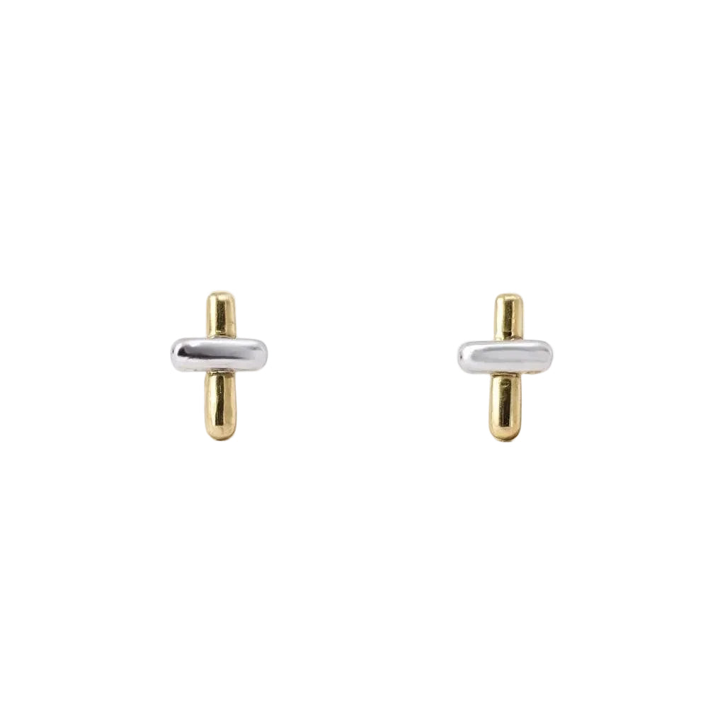 14K Two-Tone Gold Cross Stud Earrings
