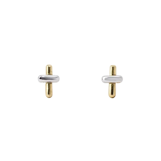 14K Two-Tone Gold Cross Stud Earrings