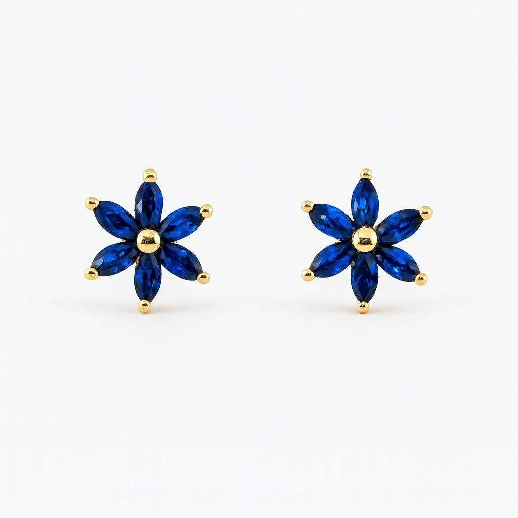 14K Yellow Gold Blue CZ Flower Screwback Stud Earrings
