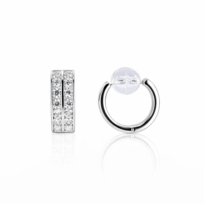 14K White Gold Two-Row Channel-Set CZ 4mm Hoop Earrings