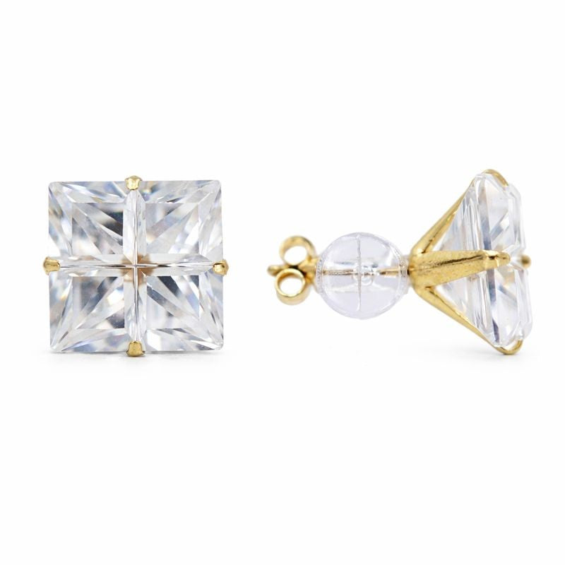 14K Gold 10mm Invisible Cut CZ Stud Earrings