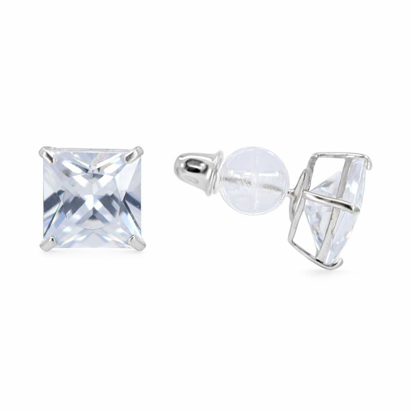 14K White Gold Princess Cut CZ Stud Screw Back Earrings