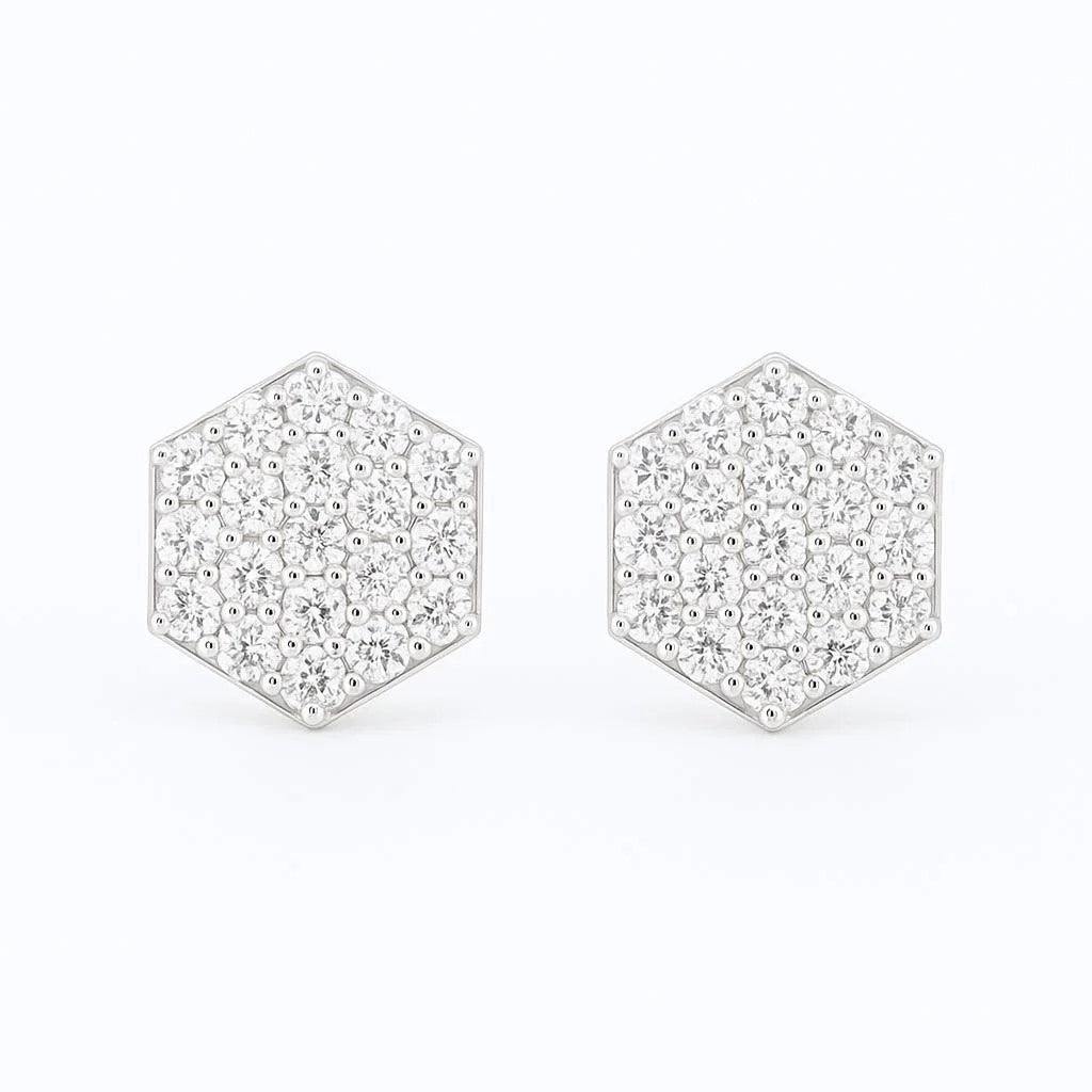 14K White Gold Pavé CZ Hexagon Stud Earrings