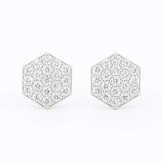14K White Gold Pavé CZ Hexagon Stud Earrings