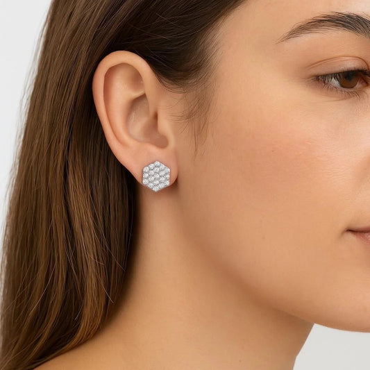 14K White Gold Pavé CZ Hexagon Stud Earrings