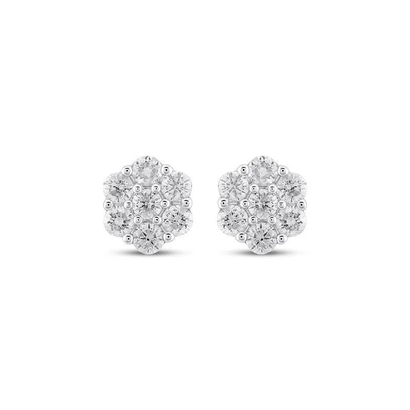 14K White Gold Prong-Set CZ Cluster Stud Earrings