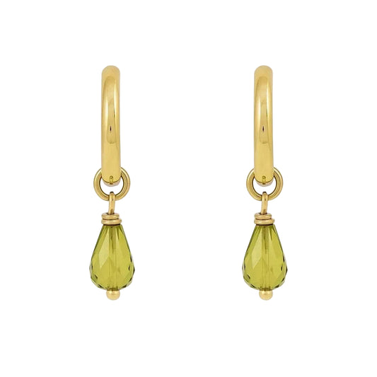 14K Yellow Gold Half Hoop Earrings with Green CZ Dangle