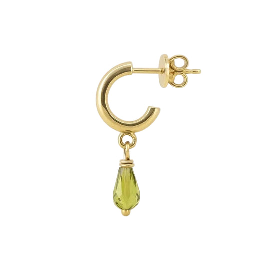 14K Yellow Gold Half Hoop Earrings with Green CZ Dangle