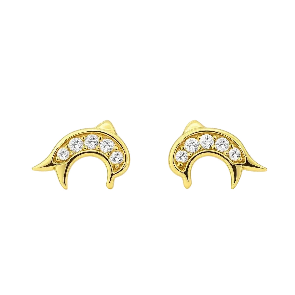 14K Yellow Gold Dolphin Stud Earrings with CZ Accents