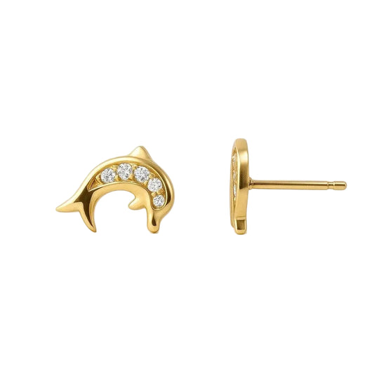 14K Yellow Gold Dolphin Stud Earrings with CZ Accents