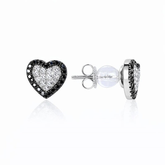 Sterling Silver Black & Clear CZ Heart Stud Earrings