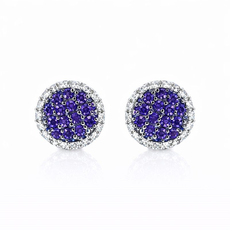 Sterling Silver Clear & Purple CZ Drum Stud Earrings