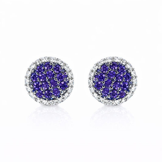 Sterling Silver Clear & Purple CZ Drum Stud Earrings