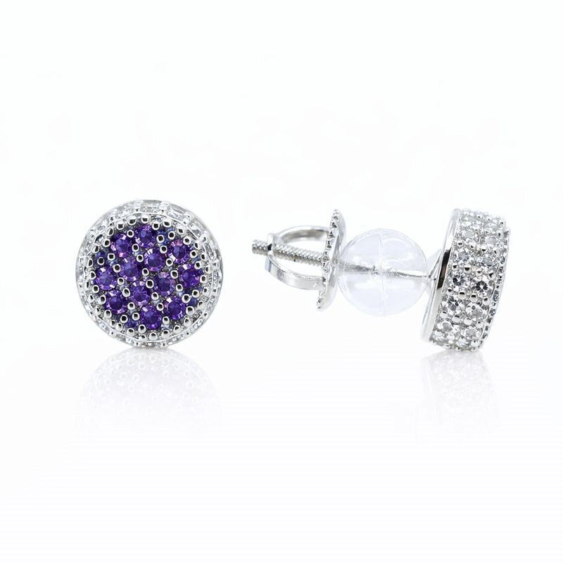 Sterling Silver Clear & Purple CZ Drum Stud Earrings