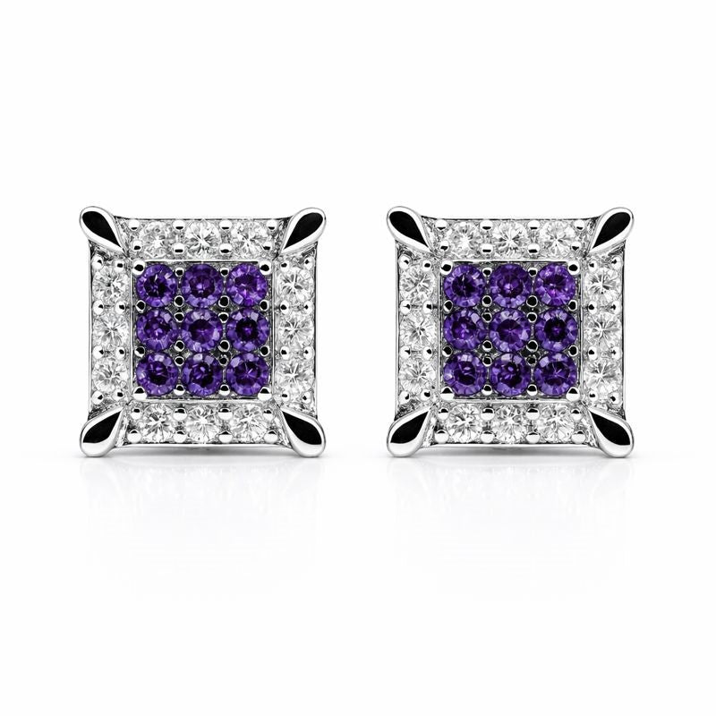 Rhodium Plated Purple & White CZ Square Stud Earrings