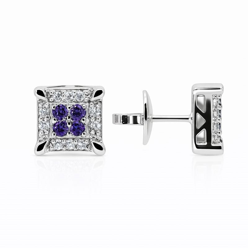 Rhodium Plated Purple & White CZ Square Stud Earrings
