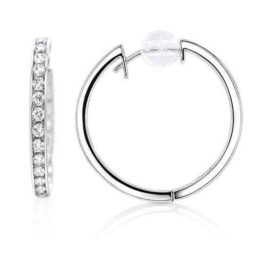 14K White Gold One-Row CZ Inside/Out Hoop Earrings