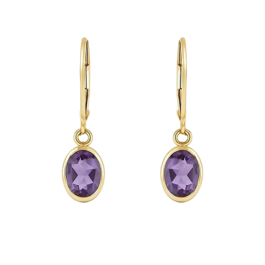 10K Yellow Gold Bezel-Set Amethyst Lever Back Earrings