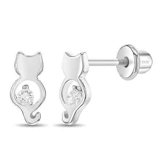 Sterling Silver CZ Kitty Children's Earrings