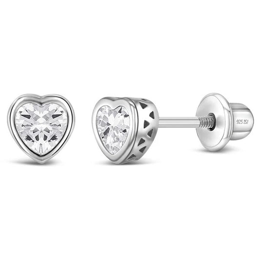 Sterling Silver Clear CZ Heart Children's Earrings